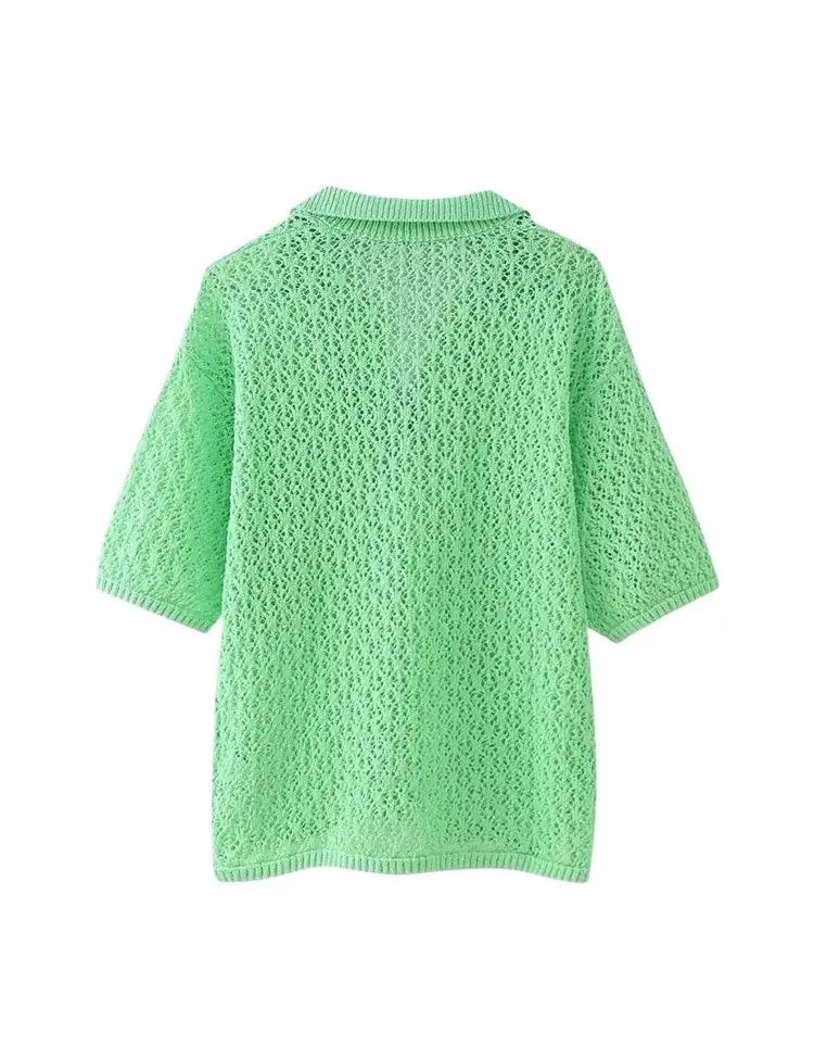 Women's Short Sleeve Polo Collar Sweater - Soft Pointelle Knit, Casual Fit-5