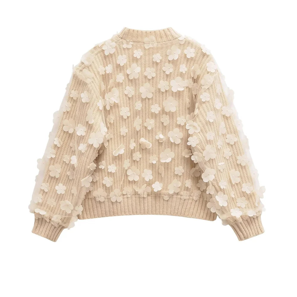 Women's Long Sleeve Knitted Sweater with Mesh Flower Decoration-2