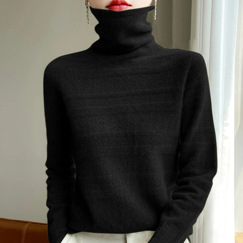 Variant image for Women's Black Turtleneck Sweater - 100% Merino Wool Casual Knitwear-9