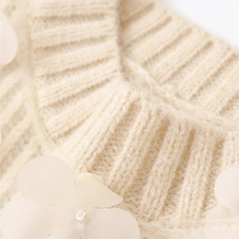 Women's Long Sleeve Knitted Sweater with Mesh Flower Decoration-3