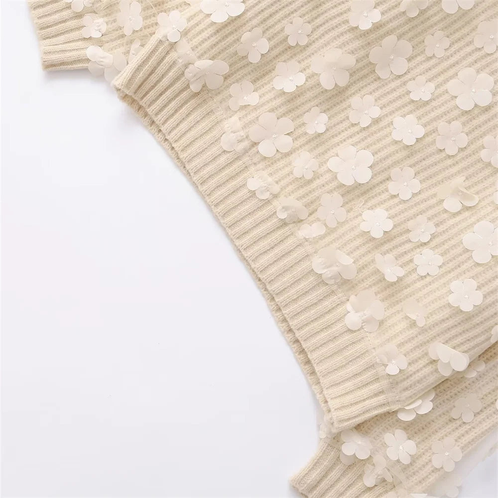 Women's Long Sleeve Knitted Sweater with Mesh Flower Decoration-4