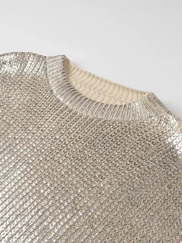 Women's Metallic Knitted Sweater - Long Sleeve Pullover with Gold Foil Finish-5