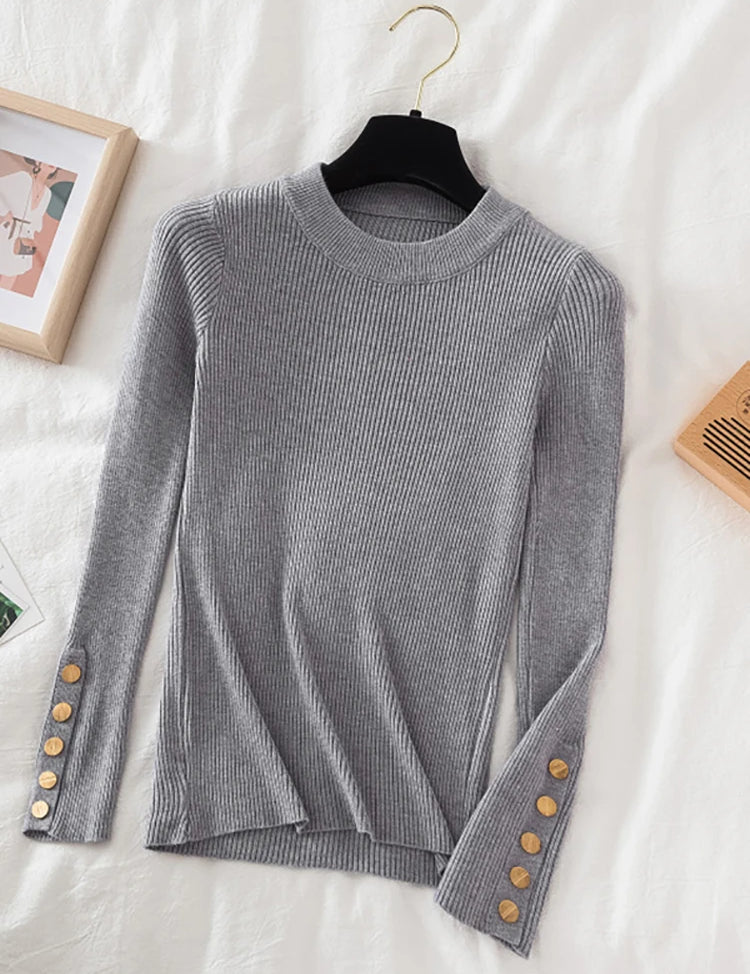 Women's Casual Sweater with Button O-Neck Design for Autumn and Winter-4