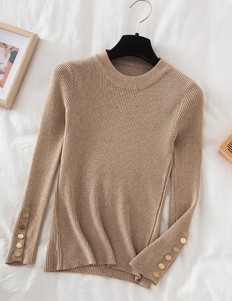 Women's Casual Sweater with Button O-Neck Design for Autumn and Winter-3