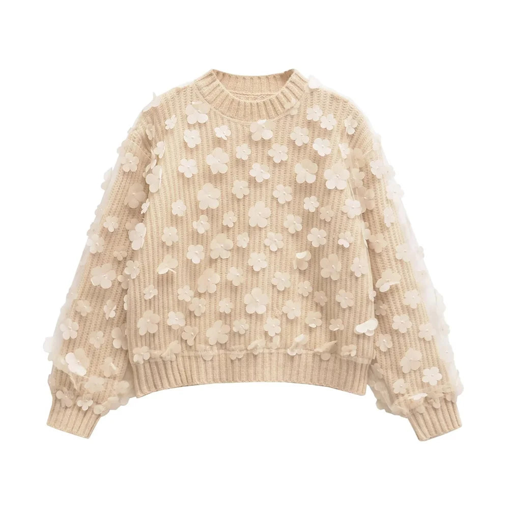 Women's Long Sleeve Knitted Sweater with Mesh Flower Decoration-1