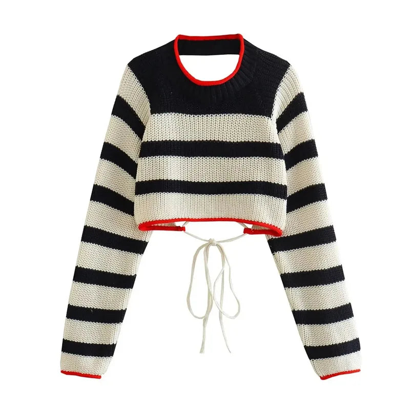 Women's Cropped Striped Cardigan Sweater with Long Sleeves-4