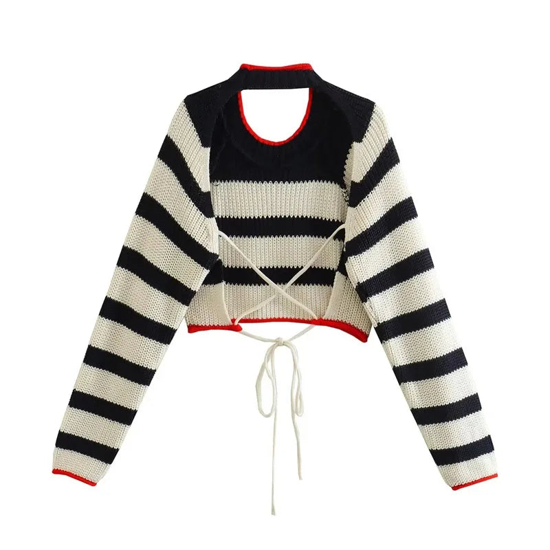Women's Cropped Striped Cardigan Sweater with Long Sleeves-5