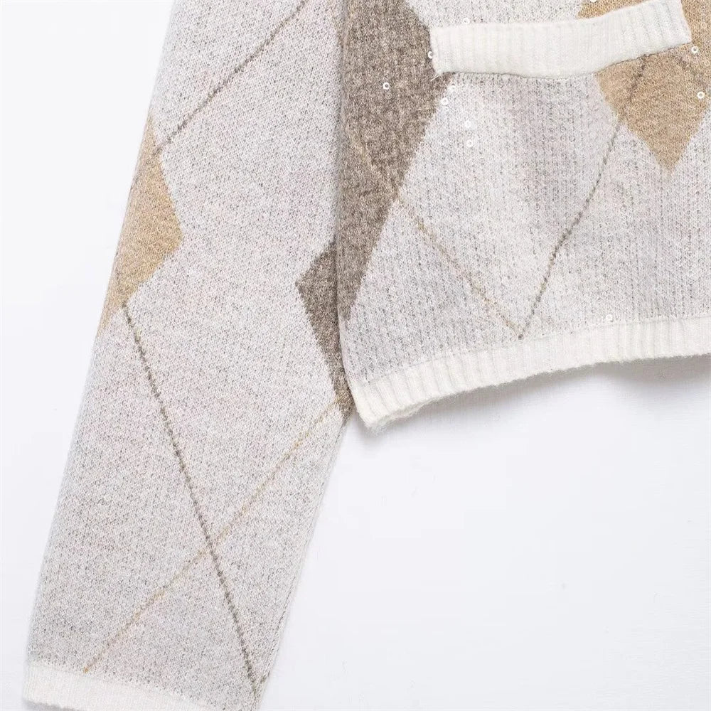 Women's Long Knitted Cardigan Sweater with Pearl Embellishments-5