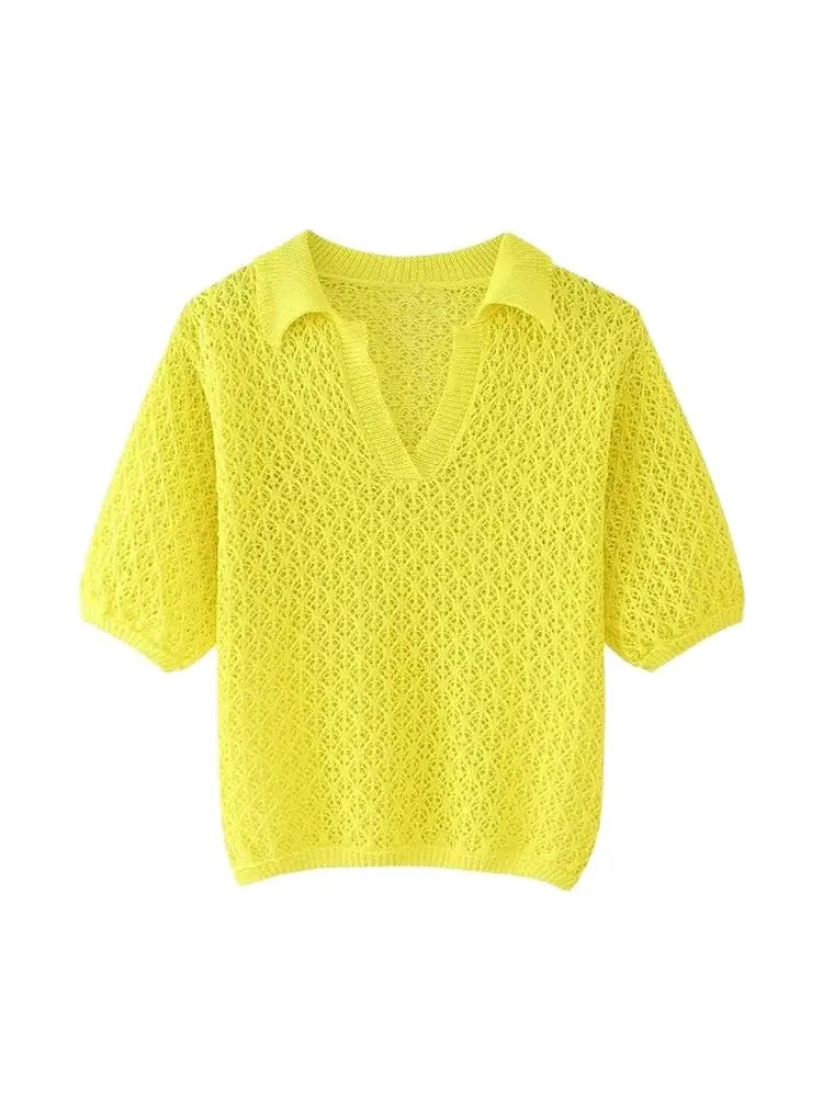 Women's Short Sleeve Polo Collar Sweater - Soft Pointelle Knit, Casual Fit-3