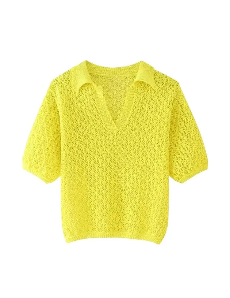 Women's Short Sleeve Polo Collar Sweater - Soft Pointelle Knit, Casual Fit-3