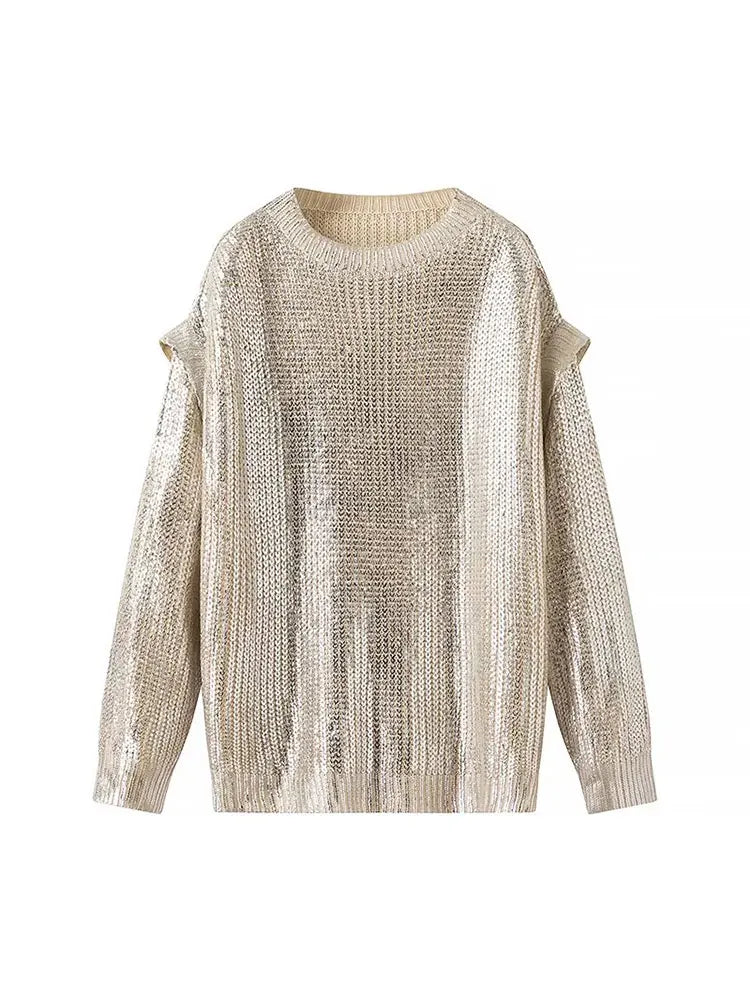 Women's Metallic Knitted Sweater - Long Sleeve Pullover with Gold Foil Finish-3