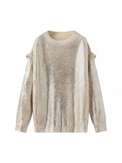 Women's Metallic Knitted Sweater - Long Sleeve Pullover with Gold Foil Finish-3