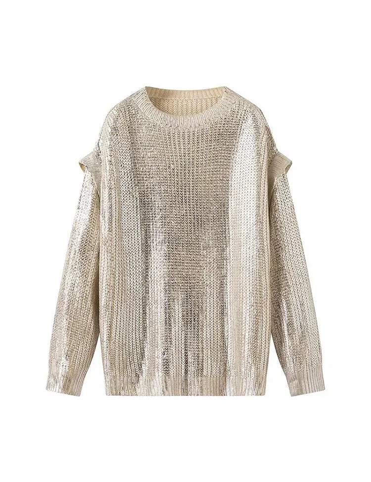 Women's Metallic Knitted Sweater - Long Sleeve Pullover with Gold Foil Finish-3