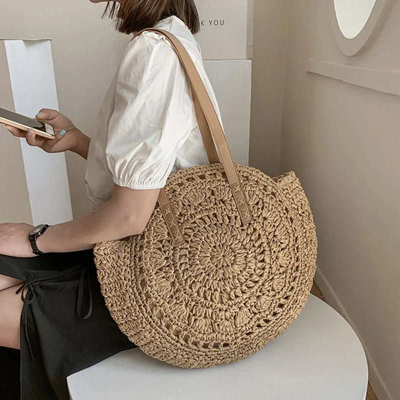 Boho Bliss Round Bag – Chic Straw Shoulder Bag