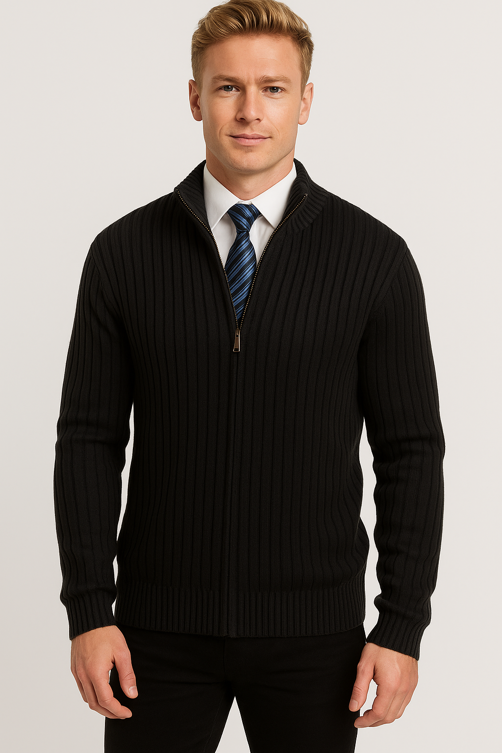 Trendy Long Sleeve Men's Cotton Cardigan - Elegant Knitted Layer-black