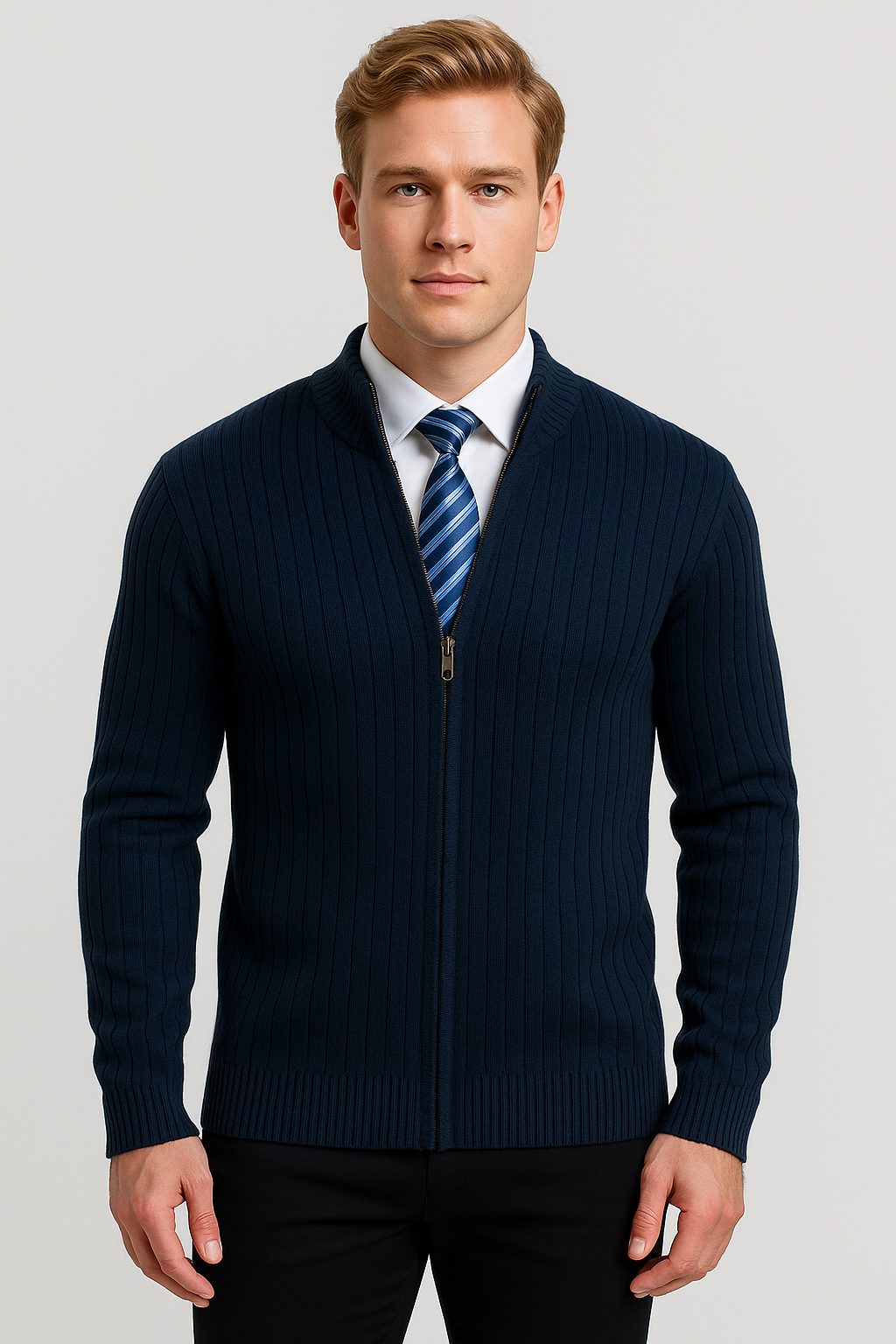 Trendy Long Sleeve Men's Cotton Cardigan - Elegant Knitted Layer-blue