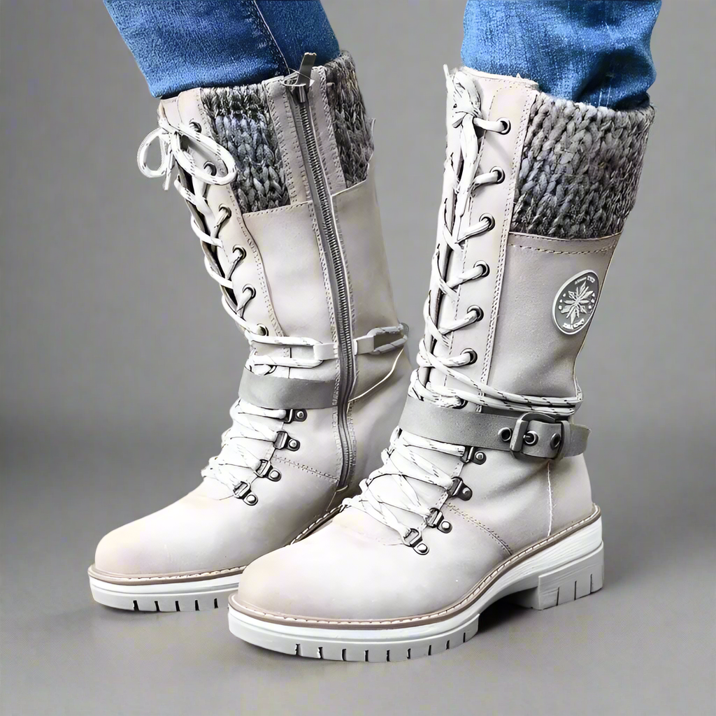 Women's Black Knee High Boots with Lace-Up and Adjustable Buckle Closure 0