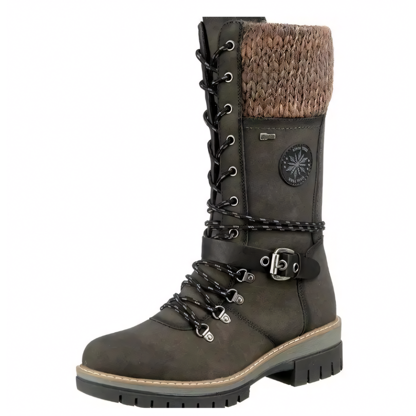 Women's Black Knee High Boots with Lace-Up and Adjustable Buckle Closure 2