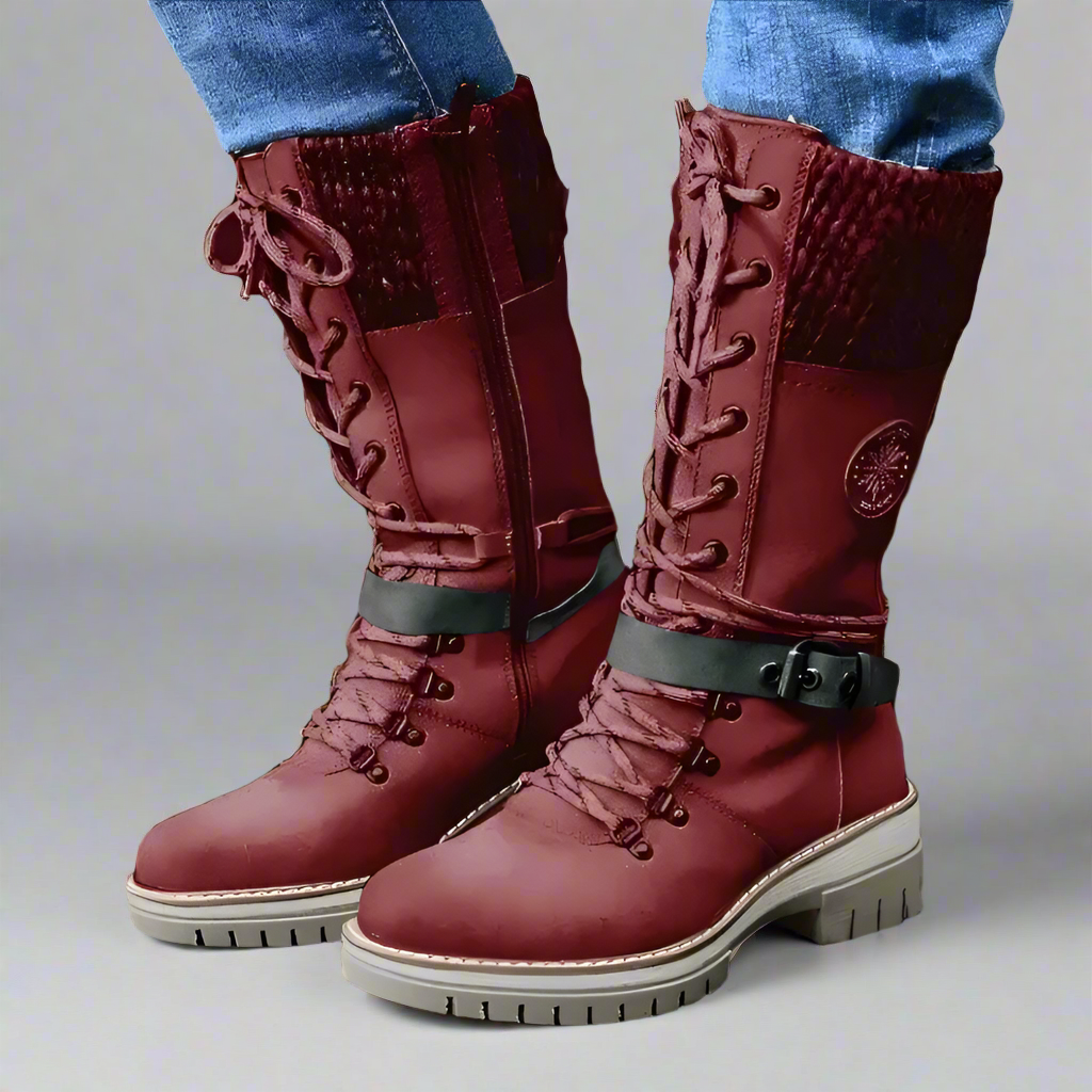 Women's Black Knee High Boots with Lace-Up and Adjustable Buckle Closure 3