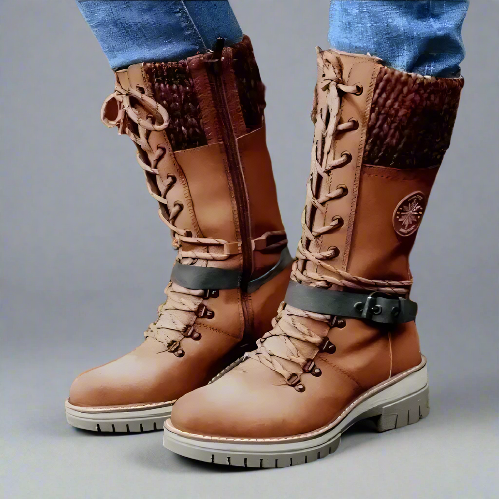 Women's Black Knee High Boots with Lace-Up and Adjustable Buckle Closure 4