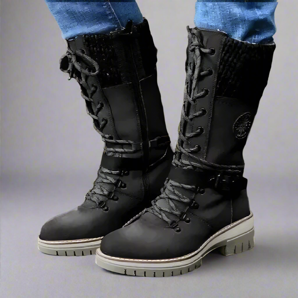 Women's Black Knee High Boots with Lace-Up and Adjustable Buckle Closure 5