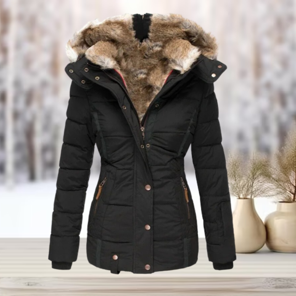 Women's Black Puffer Jacket with Faux Fur Lining - Warm Winter Coat 2