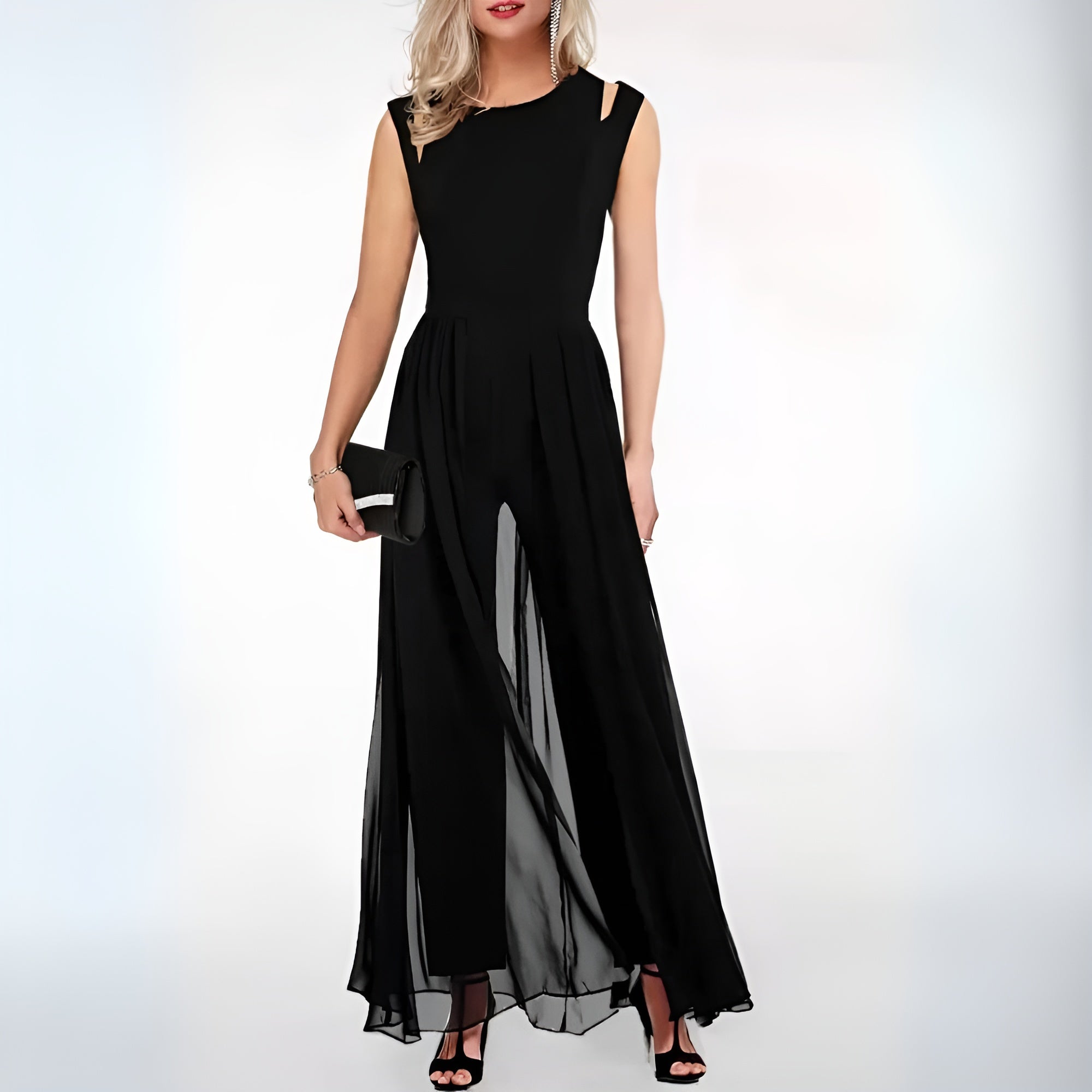 Women's Black Wide Leg Jumpsuit - Sleeveless Elegant Fashion Outfit 0