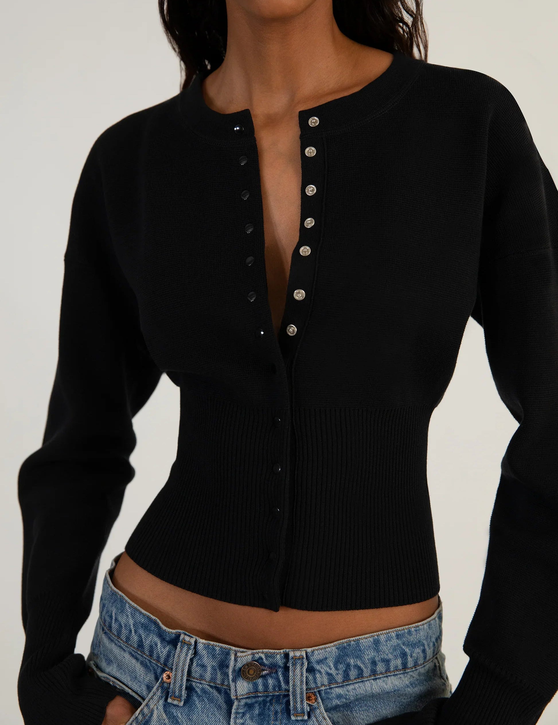 Women's Cropped Black Cardigan - Modern Ribbed Waist Design, Soft Stretch Knit 4