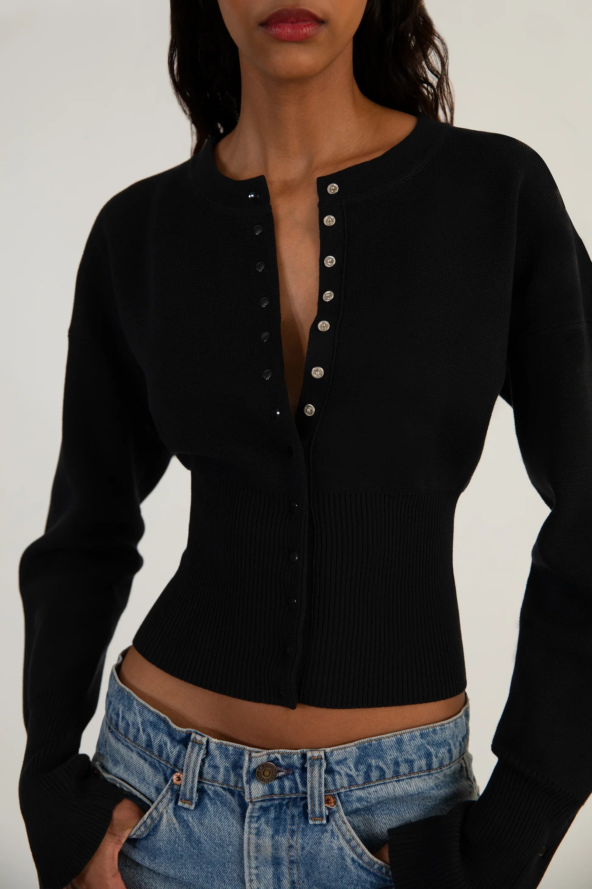 Women's Cropped Black Cardigan - Modern Ribbed Waist Design, Soft Stretch Knit 4