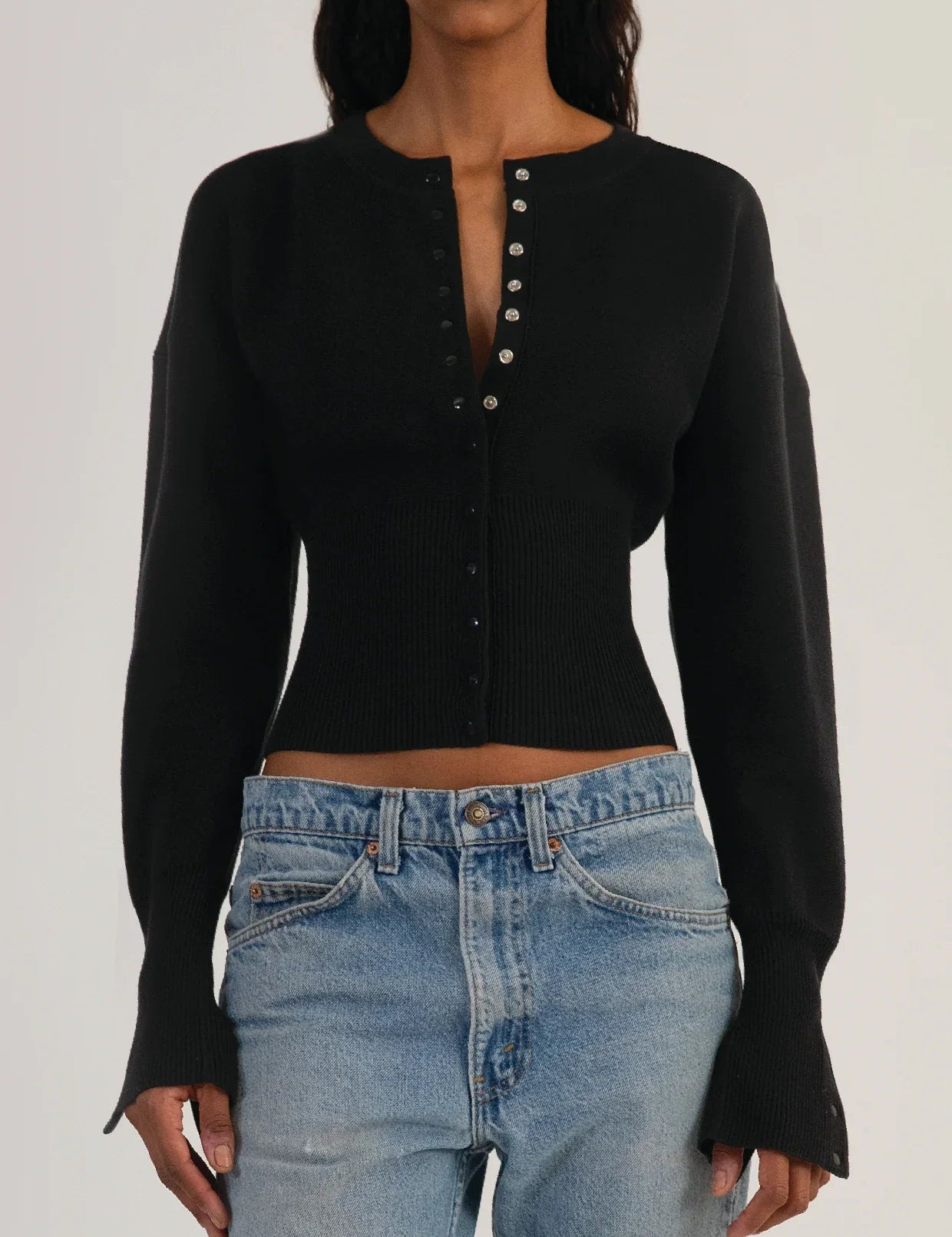 Women's Cropped Black Cardigan - Modern Ribbed Waist Design, Soft Stretch Knit 5