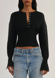Women's Cropped Black Cardigan - Modern Ribbed Waist Design, Soft Stretch Knit 5