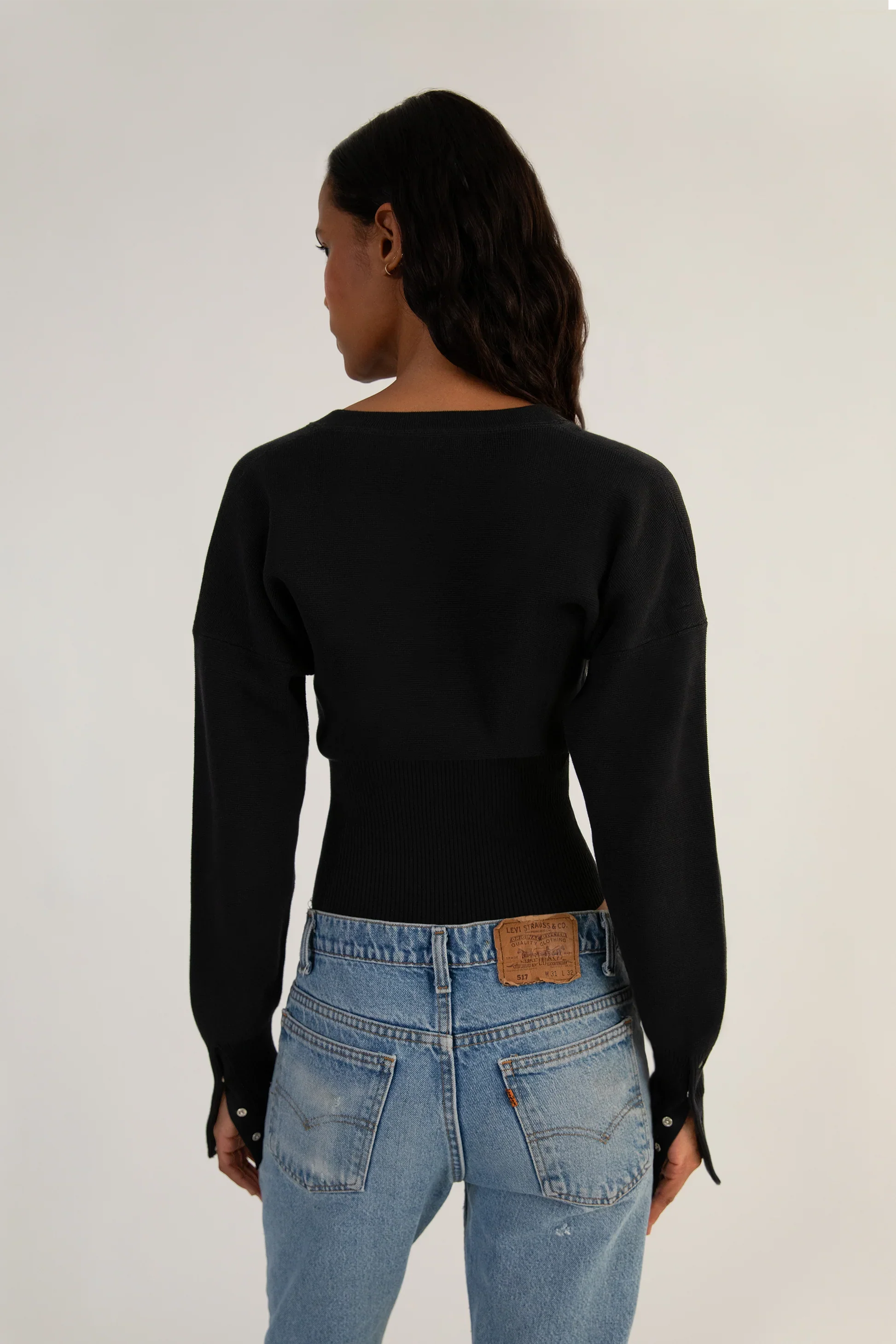 Women's Cropped Black Cardigan - Modern Ribbed Waist Design, Soft Stretch Knit 6