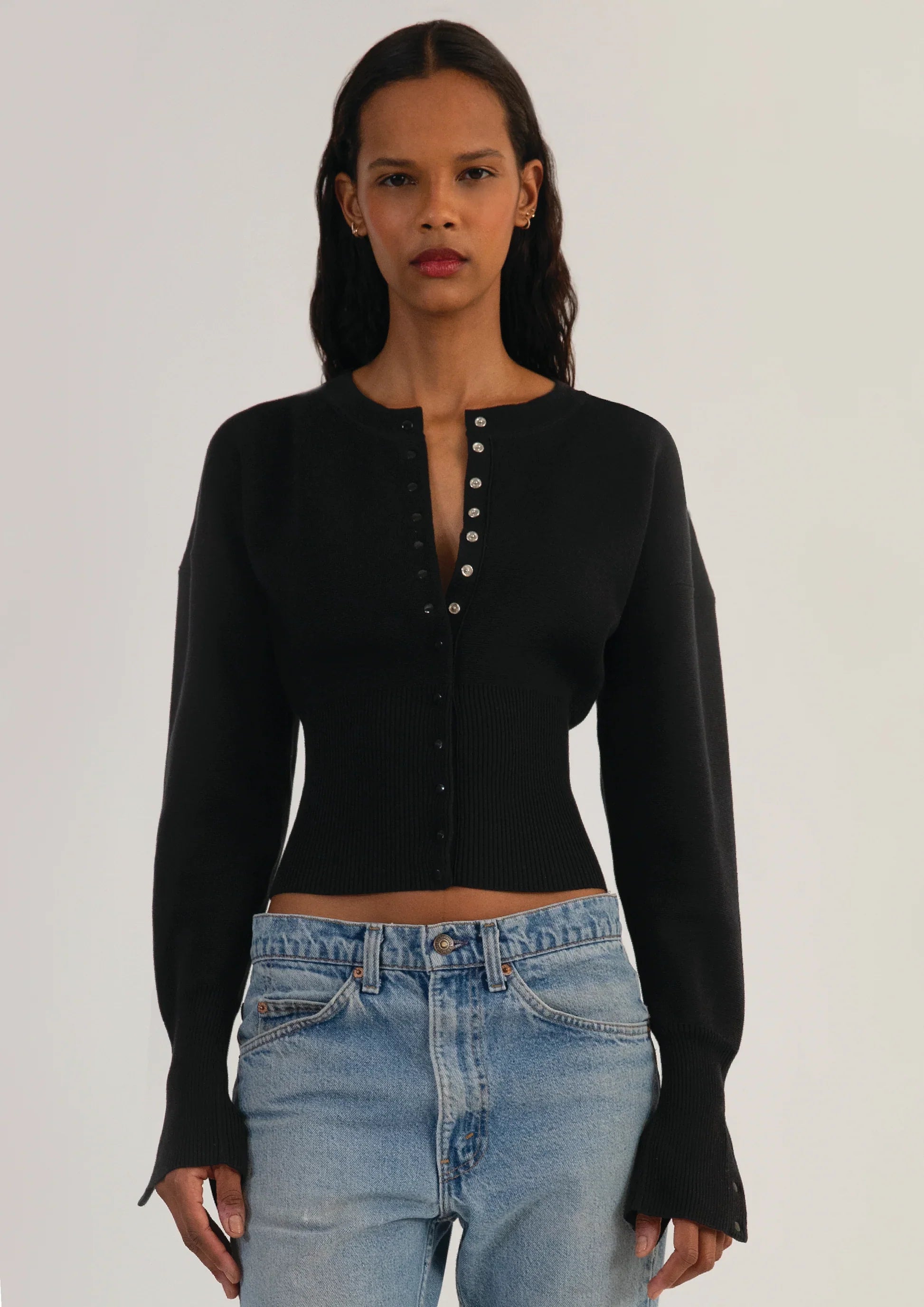 Women's Cropped Black Cardigan - Modern Ribbed Waist Design, Soft Stretch Knit 7