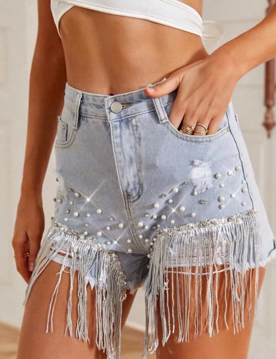 Women's Denim Shorts with Decorative Elements and Comfortable Fit 1