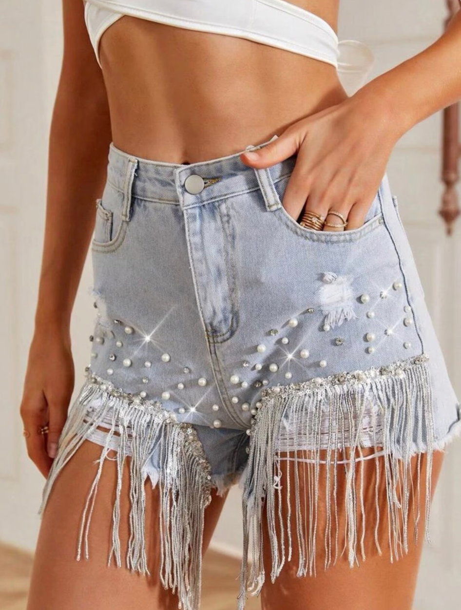Women's Denim Shorts with Decorative Elements and Comfortable Fit 1