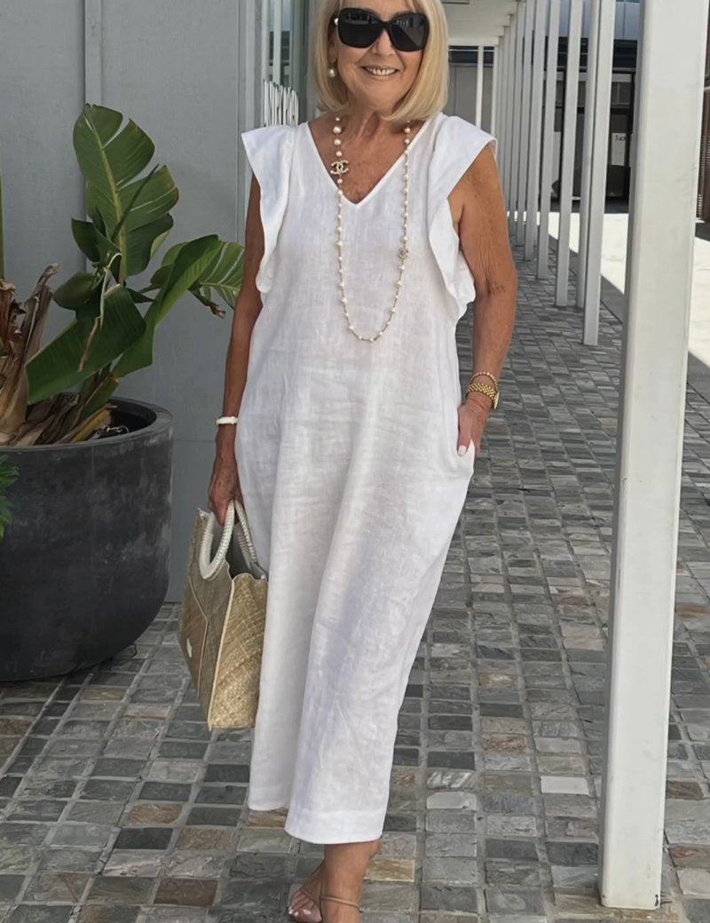 Women's Elegant Maxi Dress - Soft V-Neck, Ruffle-Capped Sleeves, Wide-Leg Silhouette 0