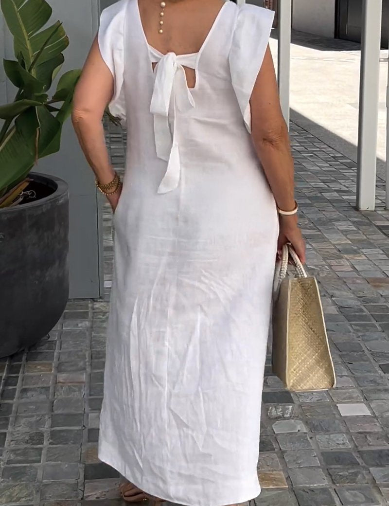 Women's Elegant Maxi Dress - Soft V-Neck, Ruffle-Capped Sleeves, Wide-Leg Silhouette 1