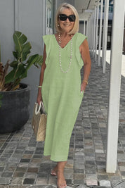Women's Elegant Maxi Dress - Soft V-Neck, Ruffle-Capped Sleeves, Wide-Leg Silhouette 10