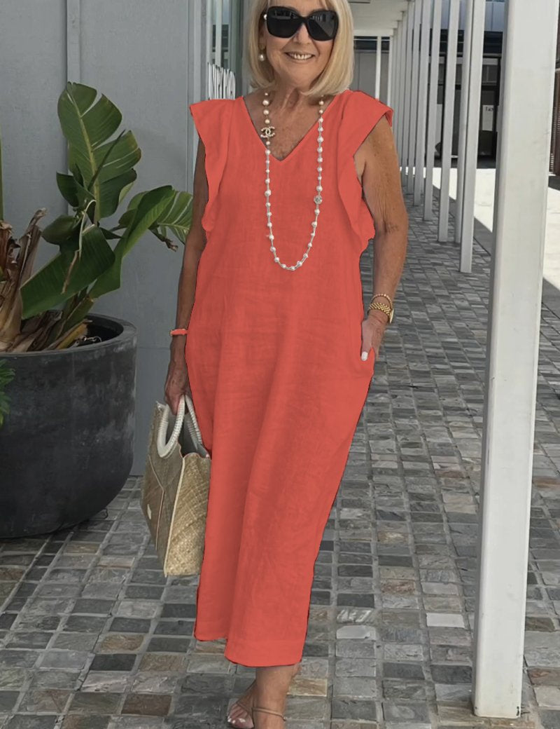 Women's Elegant Maxi Dress - Soft V-Neck, Ruffle-Capped Sleeves, Wide-Leg Silhouette 11