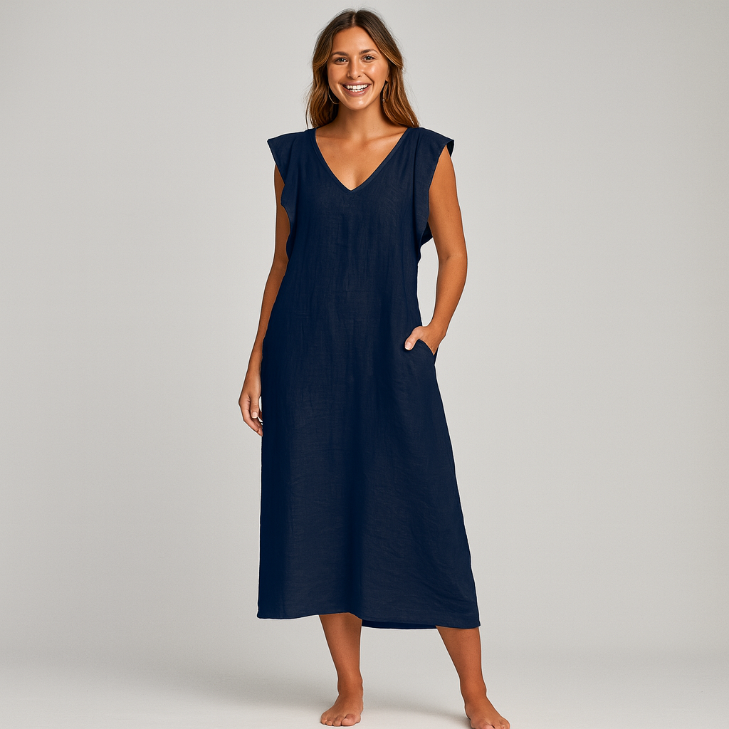 Women's Elegant Maxi Dress - Soft V-Neck, Ruffle-Capped Sleeves, Wide-Leg Silhouette