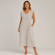 Women's Elegant Maxi Dress - Soft V-Neck, Ruffle-Capped Sleeves, Wide-Leg Silhouette
