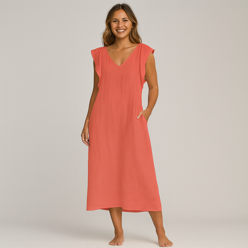 Women's Elegant Maxi Dress - Soft V-Neck, Ruffle-Capped Sleeves, Wide-Leg Silhouette