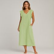 Women's Elegant Maxi Dress - Soft V-Neck, Ruffle-Capped Sleeves, Wide-Leg Silhouette