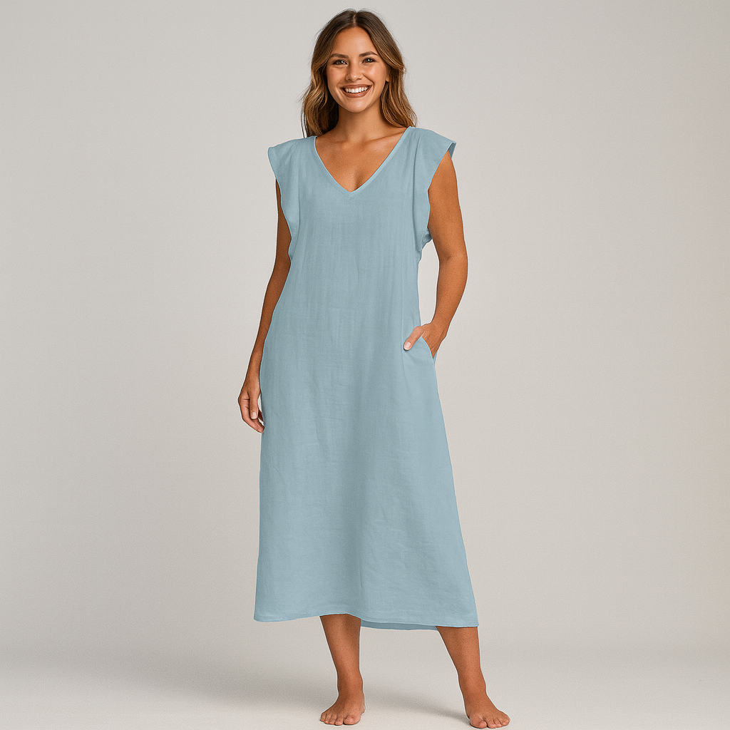 Women's Elegant Maxi Dress - Soft V-Neck, Ruffle-Capped Sleeves, Wide-Leg Silhouette