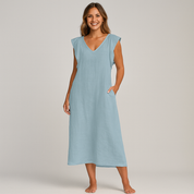 Women's Elegant Maxi Dress - Soft V-Neck, Ruffle-Capped Sleeves, Wide-Leg Silhouette