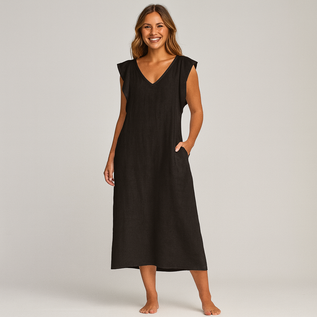 Women's Elegant Maxi Dress - Soft V-Neck, Ruffle-Capped Sleeves, Wide-Leg Silhouette