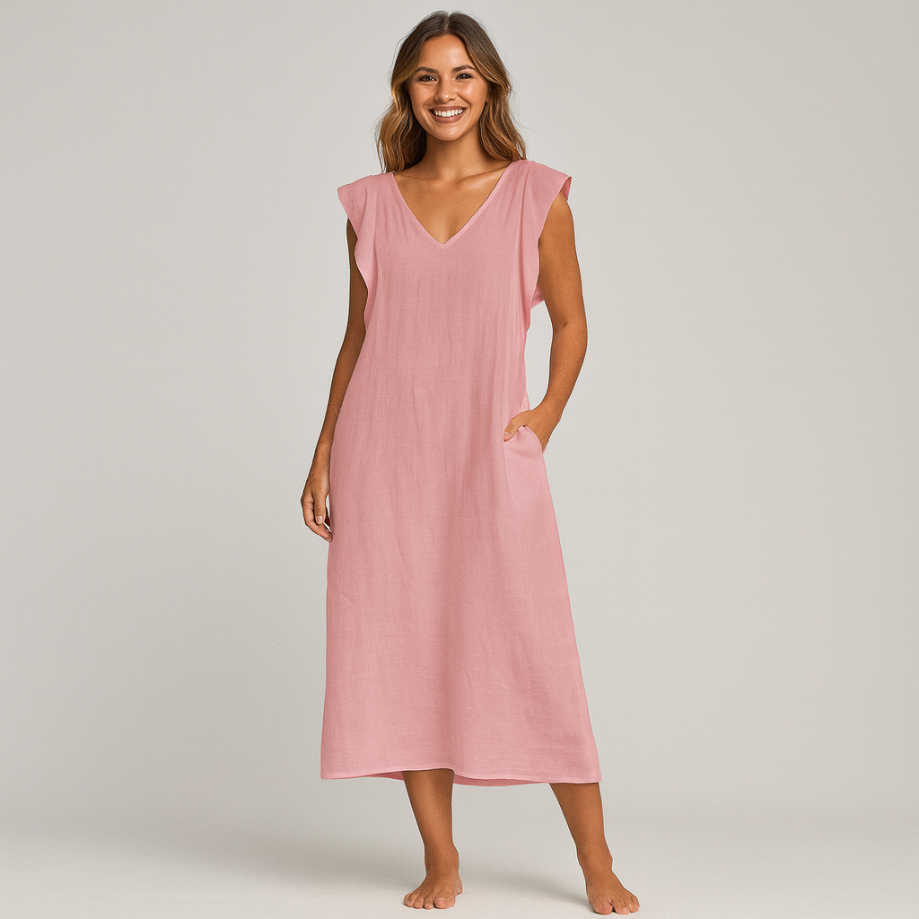 Women's Elegant Maxi Dress - Soft V-Neck, Ruffle-Capped Sleeves, Wide-Leg Silhouette