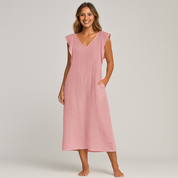 Women's Elegant Maxi Dress - Soft V-Neck, Ruffle-Capped Sleeves, Wide-Leg Silhouette