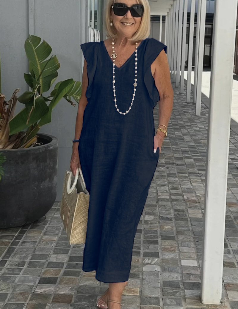 Women's Elegant Maxi Dress - Soft V-Neck, Ruffle-Capped Sleeves, Wide-Leg Silhouette 5