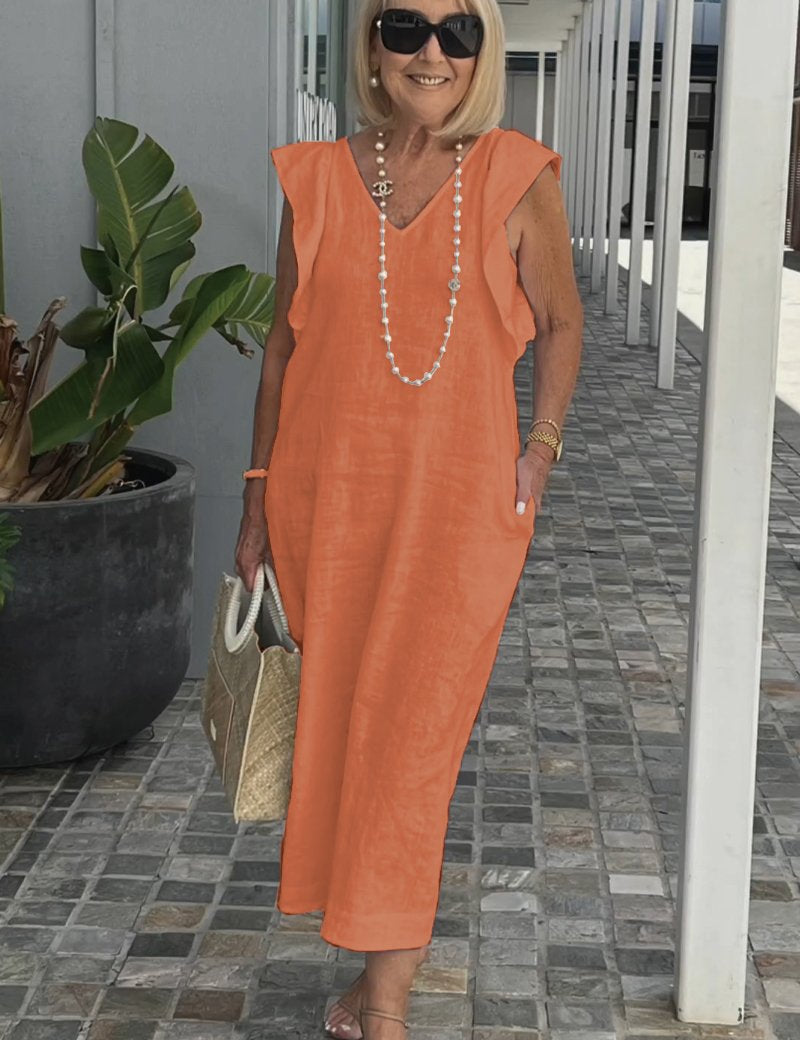 Women's Elegant Maxi Dress - Soft V-Neck, Ruffle-Capped Sleeves, Wide-Leg Silhouette 6